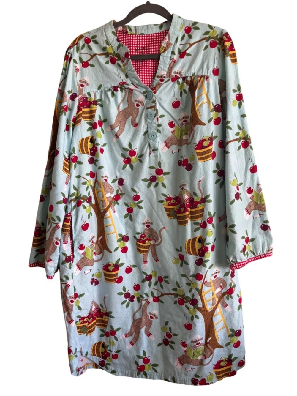 Nick & Nora Apple Picking Sock Monkey Print Sleepwear Dress XXL Cotton Pajamas